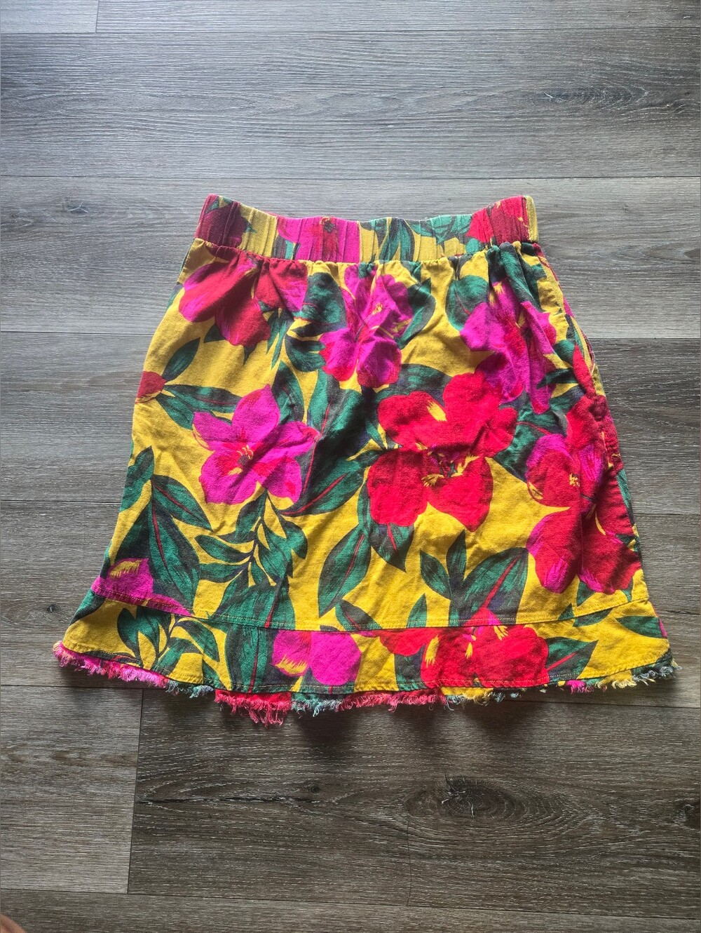 Tropical Hibiscus Floral Linen Blend Skirt Pockets Elastic Waist Frayed Hem